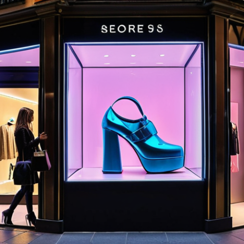 Futuristic Retail Experience**
A stylish customer in a high-end, minimalist boutique on a street reminiscent of Milan's Via Montenapoleone, interacting with a brilliant, multi-colored 3D holographic projection of a designer handbag or shoe. The hologram rotates and changes colors/materials in real-time as the customer gestures. The setting is bright, luxurious, and features large windows revealing a bustling yet elegant city street.

**