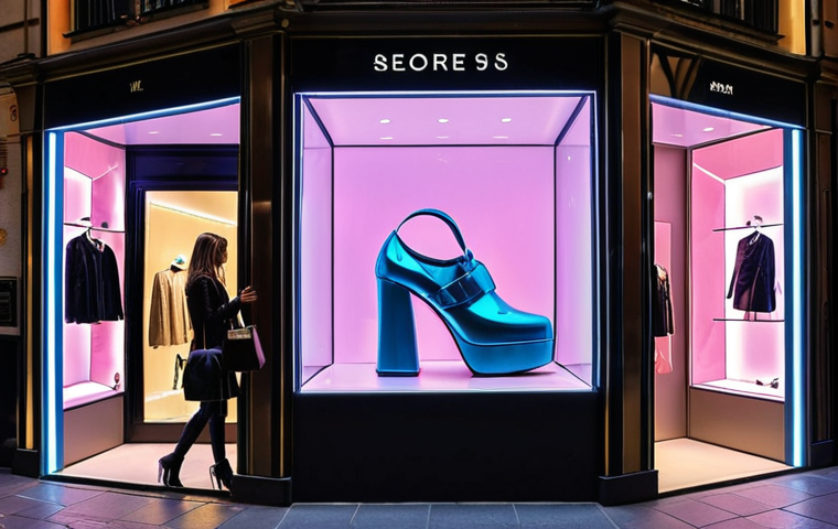 Futuristic Retail Experience**
A stylish customer in a high-end, minimalist boutique on a street reminiscent of Milan's Via Montenapoleone, interacting with a brilliant, multi-colored 3D holographic projection of a designer handbag or shoe. The hologram rotates and changes colors/materials in real-time as the customer gestures. The setting is bright, luxurious, and features large windows revealing a bustling yet elegant city street.

**