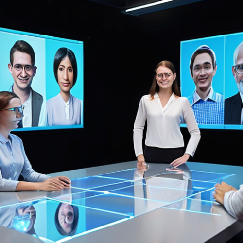 **Interactive holographic meeting:** Colleagues from around the world engaging in a virtual meeting with realistic holographic avatars, enhancing interaction and collaboration. Focus on clear holographic projections and a professional business setting.