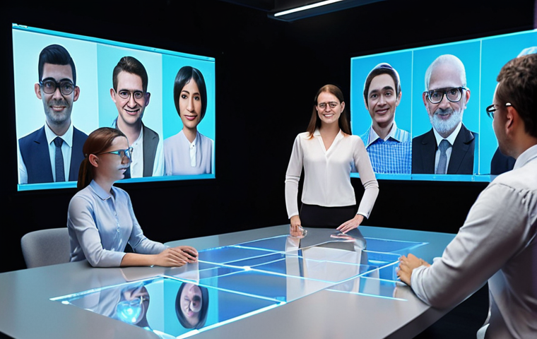 **Interactive holographic meeting:** Colleagues from around the world engaging in a virtual meeting with realistic holographic avatars, enhancing interaction and collaboration. Focus on clear holographic projections and a professional business setting.