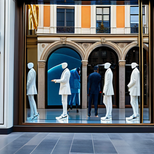 A diverse group of well-dressed individuals, including a professional woman in chic business attire and a family, stand captivated by a futuristic holographic display in the window of a high-end fashion boutique. A 3D, hyperrealistic model of a stylish, modern sports shoe or a sophisticated handbag appears to float in mid-air, rotating slowly to showcase intricate details. The scene is set on a bustling, elegant shopping street, reminiscent of Milan's Corso Vittorio Emanuele, with reflections of historic architecture and contemporary storefronts. Bright, inviting daylight creates a subtle glow around the hologram. Professional photography, high-resolution, sharp focus, vibrant colors, perfect anatomy, correct proportions, natural poses, well-formed hands, proper finger count, natural body proportions, fully clothed, modest clothing, appropriate attire, professional dress, safe for work, appropriate content, family-friendly.