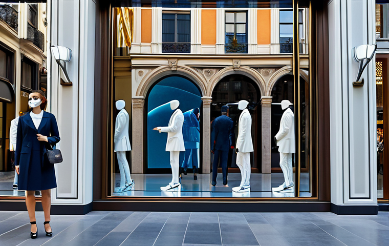 A diverse group of well-dressed individuals, including a professional woman in chic business attire and a family, stand captivated by a futuristic holographic display in the window of a high-end fashion boutique. A 3D, hyperrealistic model of a stylish, modern sports shoe or a sophisticated handbag appears to float in mid-air, rotating slowly to showcase intricate details. The scene is set on a bustling, elegant shopping street, reminiscent of Milan's Corso Vittorio Emanuele, with reflections of historic architecture and contemporary storefronts. Bright, inviting daylight creates a subtle glow around the hologram. Professional photography, high-resolution, sharp focus, vibrant colors, perfect anatomy, correct proportions, natural poses, well-formed hands, proper finger count, natural body proportions, fully clothed, modest clothing, appropriate attire, professional dress, safe for work, appropriate content, family-friendly.
