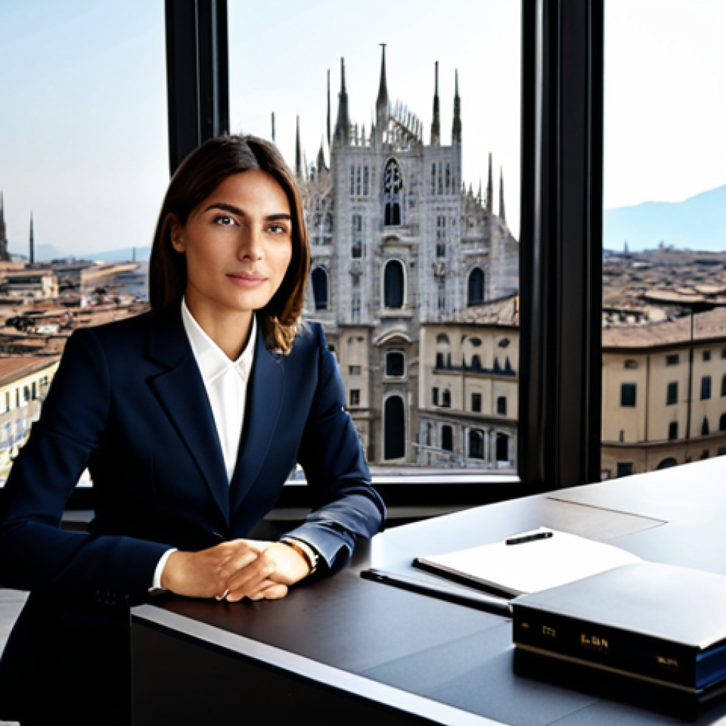 **
A professional businesswoman in a tailored Italian business suit, sitting at a stylish desk in a modern Milan office, fully clothed, appropriate attire, safe for work, perfect anatomy, natural proportions, professional photography, high quality. Background includes a view of the Duomo.
**