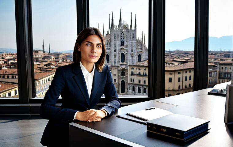 **
A professional businesswoman in a tailored Italian business suit, sitting at a stylish desk in a modern Milan office, fully clothed, appropriate attire, safe for work, perfect anatomy, natural proportions, professional photography, high quality. Background includes a view of the Duomo.
**