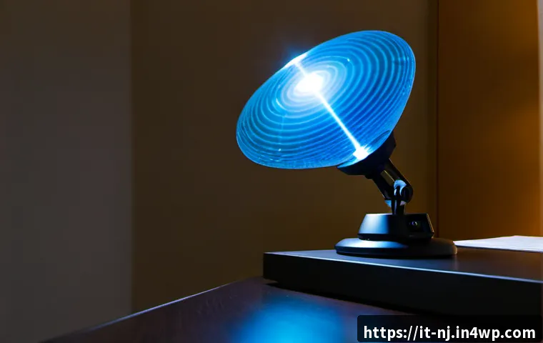 Home 10 홀로그램 디스플레이의 원리와 작동 방식 - Photorealistic close-up of a sleek holographic display projector on a modern Italian home-office des...
